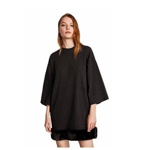 Zara NEW Black STRIPED Dress with Faux Fur Trim‎ Size Medium